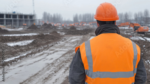 construction worker wearing orange safety vest and helmet stands on muddy construction site, observing progress of building project on cloudy day photo