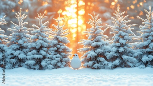 Snowy forest scene with bird, sunbeams, winter wonderland photo