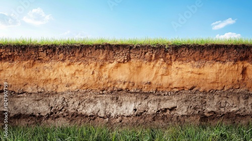 Wallpaper Mural Cross section soil layers beneath grass field, natural geological strata, rich earth tones, environmental photography, clear blue sky backdrop, detailed ground composition, scientific documentation Torontodigital.ca