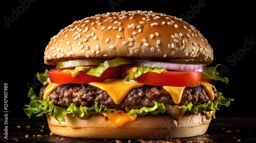 Mouthwatering beef burger piled high with fresh vibrant toppings on black background photo