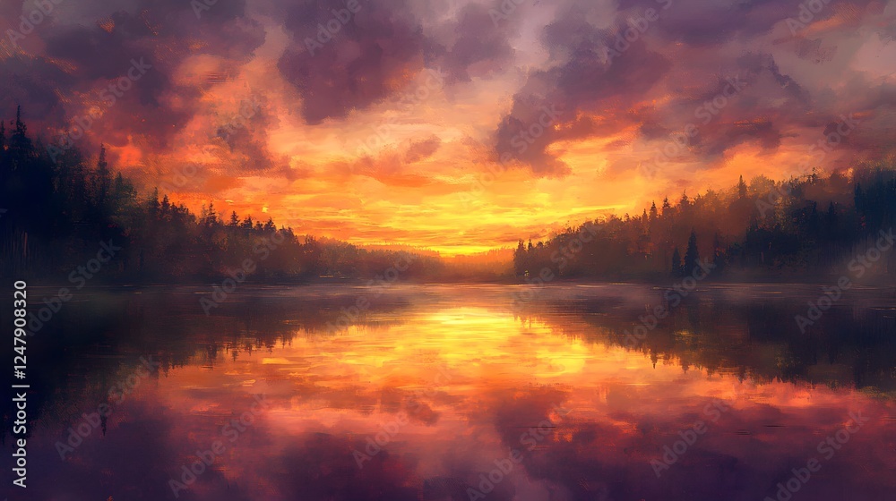 Naklejka premium Dramatic sunset reflection on water with forest silhouette