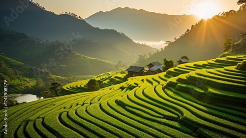 Golden Hour over Verdant Rice Terraces in Mountainous Landscape