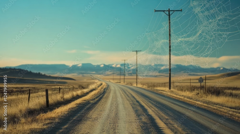 A rural highway illuminated by magical lights shining under a serene sky A rural highway illuminated by magical lights shining under a serene sky