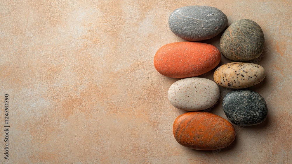 Serene Stones: A Collection of Smooth, Colorful Pebbles Arranged on a Neutral Background Serene Stones: A Collection of Smooth, Colorful Pebbles Arranged on a Neutral Background