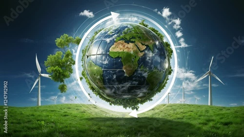 Earth Globe with Circular economy symbol for future business growth and environmental sustainability and reduce pollution for future business and environmental growth 4k.