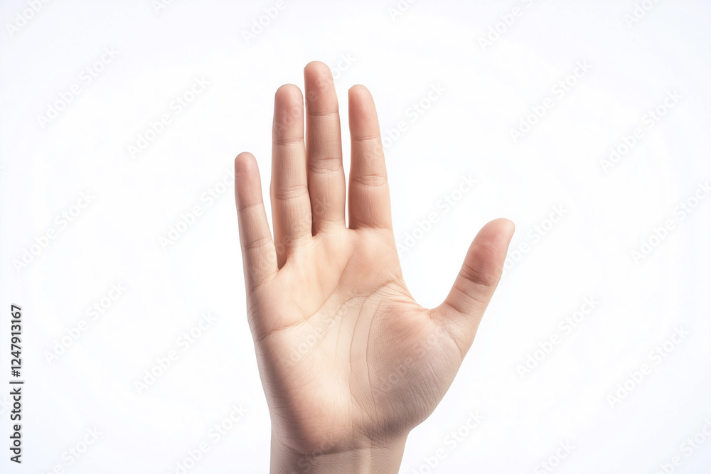 Selective focus bare hand isolated on white background, Hand gesture model for commercial advertisement, Goodbye hand gesture, Stop hand sign. Selective focus bare hand isolated on white background, Hand gesture model for commercial advertisement, Goodbye hand gesture, Stop hand sign.