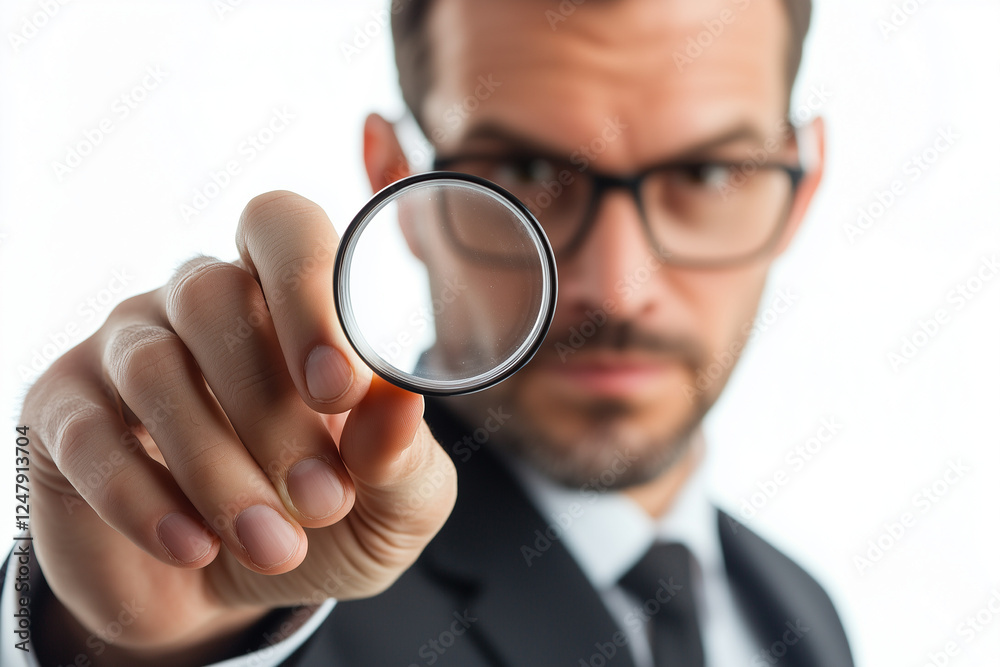 Selective focus businessman with magnifying glass isolated on white background. Selective focus businessman with magnifying glass isolated on white background.