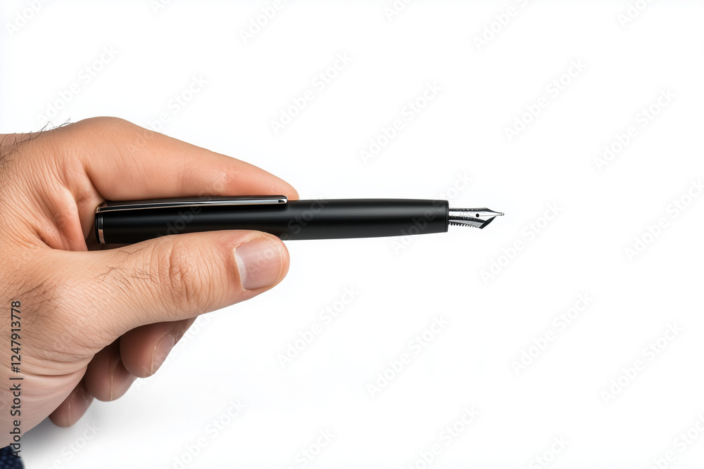 Selective focus man hand with pen to sign isolated on white background. Selective focus man hand with pen to sign isolated on white background.