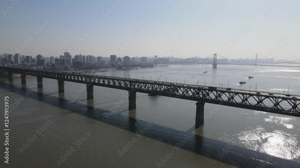 Exploring the majesty of Wuhan Yangtze River Bridge with stunning aerial views highlighting the landmark Exploring the majesty of Wuhan Yangtze River Bridge with stunning aerial views highlighting the landmark