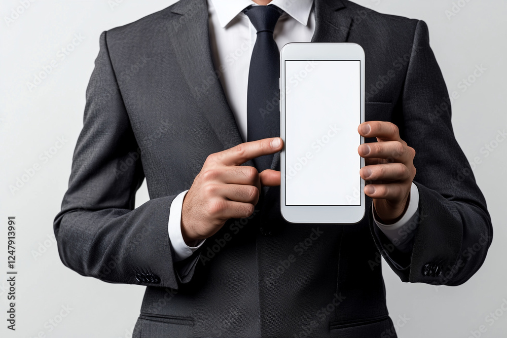 Portrait of businessman with smartphone and empty screen isolated on white background, Selective focus office worker man with suit and smartphone with blank space on phone screen. Portrait of businessman with smartphone and empty screen isolated on white background, Selective focus office worker man with suit and smartphone with blank space on phone screen.