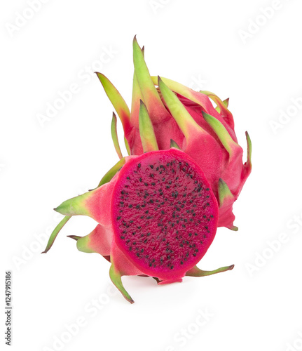 Red dragon fruit with half on isolate white background