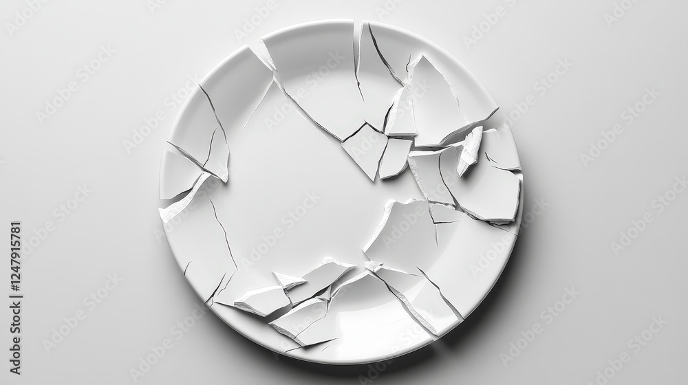 Broken White Plate with Cracks on Clean Surface for Artwork Concept Broken White Plate with Cracks on Clean Surface for Artwork Concept
