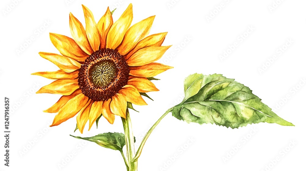 Fototapeta premium Watercolor sunflower illustration with green leaf isolated on white