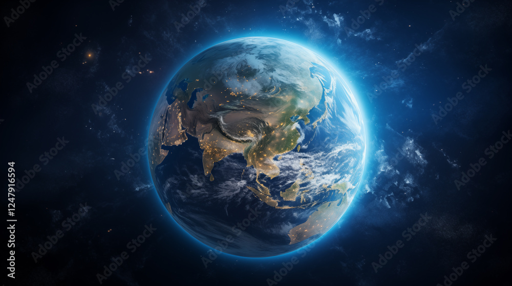 Fototapeta premium Planet Earth with detailed relief and atmosphere. Blue space background with earth and galaxy.