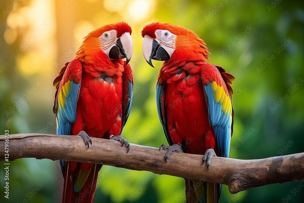 two scarlet macaws on a branch two scarlet macaws on a branch