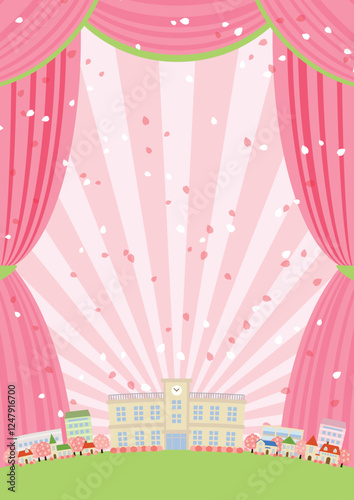 春の学校劇場、イラスト、背景、かわいい、縦、桜、ピンク、集中