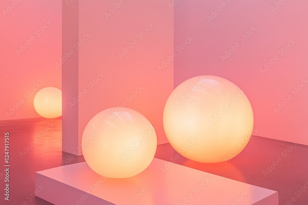Soft glowing spheres create serene atmosphere, blending light wi Soft glowing spheres create serene atmosphere, blending light wi