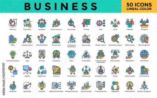 Business icon set with efficiency, productivity, workforce, human resources, recruitment, training, skills, talent, employee, workplace icon. Simple lineal color vector 
