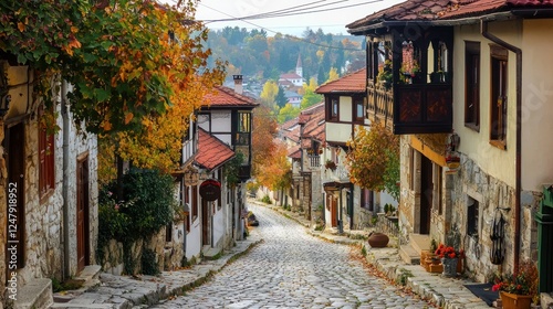 Autumnal Charm of a Cobblestone Street in a Historic Village