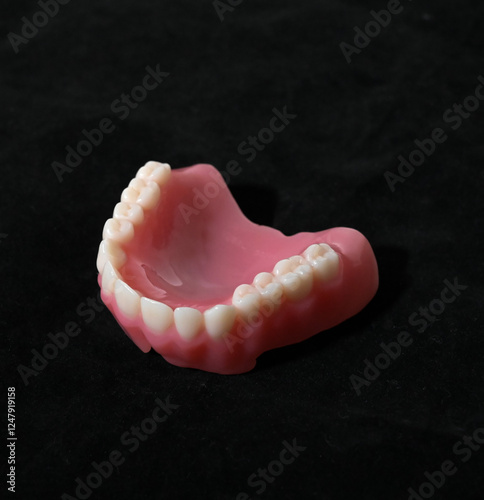 A complete lower denture with pink acrylic base and white artificial teeth on a black background
