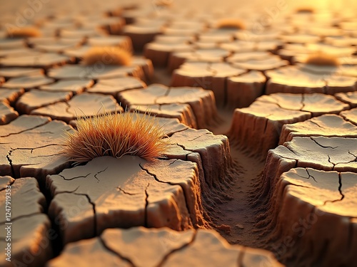 A close up view of severely dry cracked earth symbolizing extreme climate conditions and drought. photo