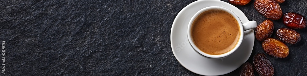 Coffee, dates, dark background; breakfast, snack Coffee, dates, dark background; breakfast, snack