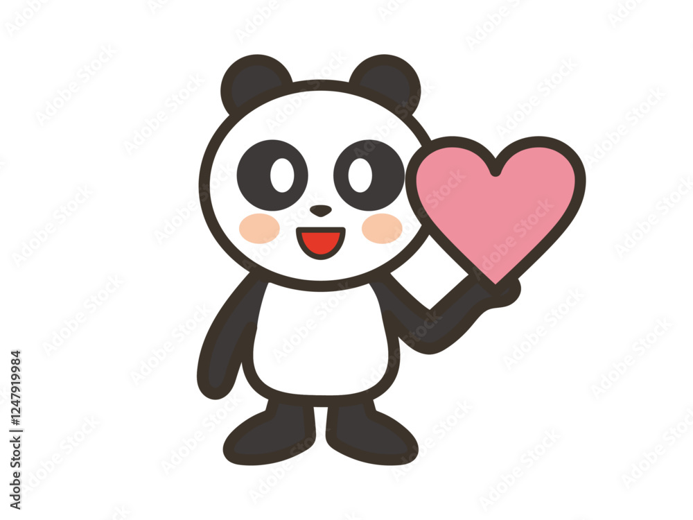 Naklejka premium 片手でハートマーク持つかわいいパンダのイラスト