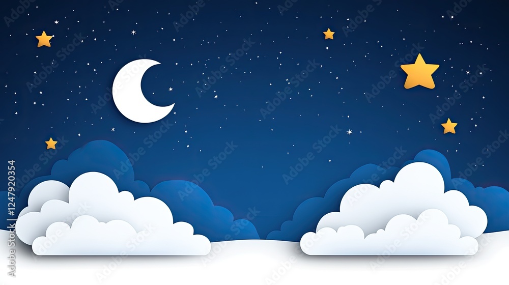 Fototapeta premium Night sky illustration featuring a crescent moon, stars, and fluffy clouds in a serene backdrop