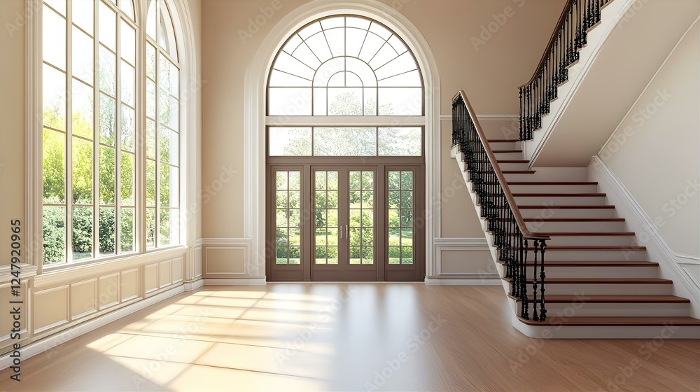 Obraz premium Elegant Foyer with Grand Staircase: Light-Filled Entryway, Hardwood Floors, Large Windows, and Classic Interior Design