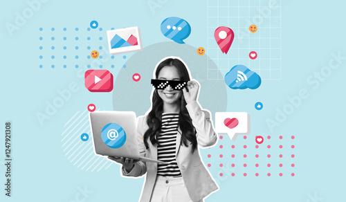 A woman holding labtop surrounded by social media icons, Social media marketing concept, Influence, Blogging, Online communication, Contemporary art collage, Blue background