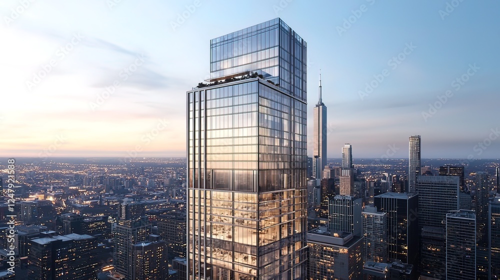 Obraz premium Modern glass skyscraper at sunset, overlooking a sprawling city skyline.