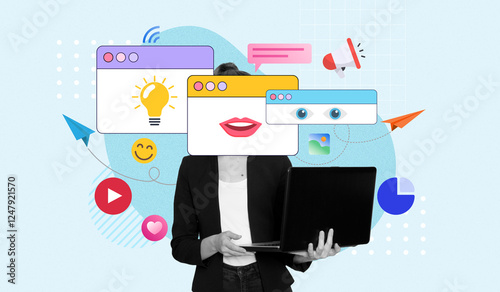Modern businesswoman holding laptop surrounded by digital elements, Creative digital marketing, Entrepreneur, Contemporary art collage, Light blue background