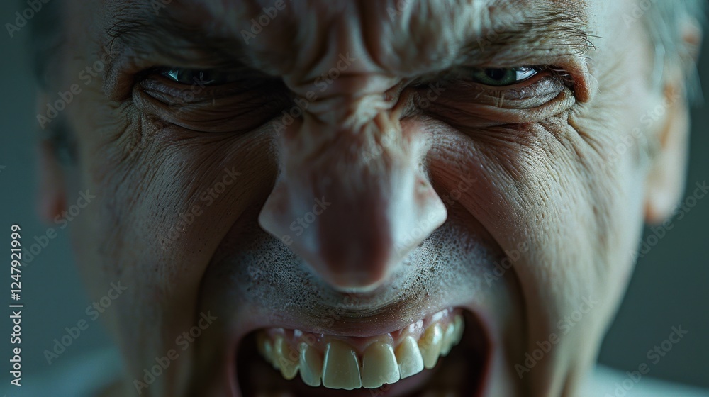 Fototapeta premium Angry: A clenched jaw, tightened teeth, and furrowed brows indicate anger, signaling frustration or intense rage over a situation or comment. 