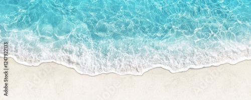 A serene beach scene showcasing gentle waves lapping at a sandy shore, with vibrant turquoise water blending into the light sand.