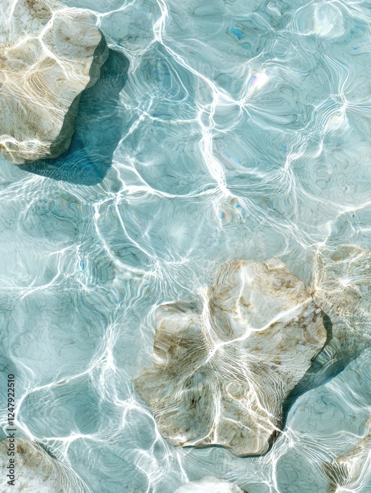 Obraz premium A serene view of clear turquoise water with light reflections and stones beneath the surface, creating a tranquil natural scene.