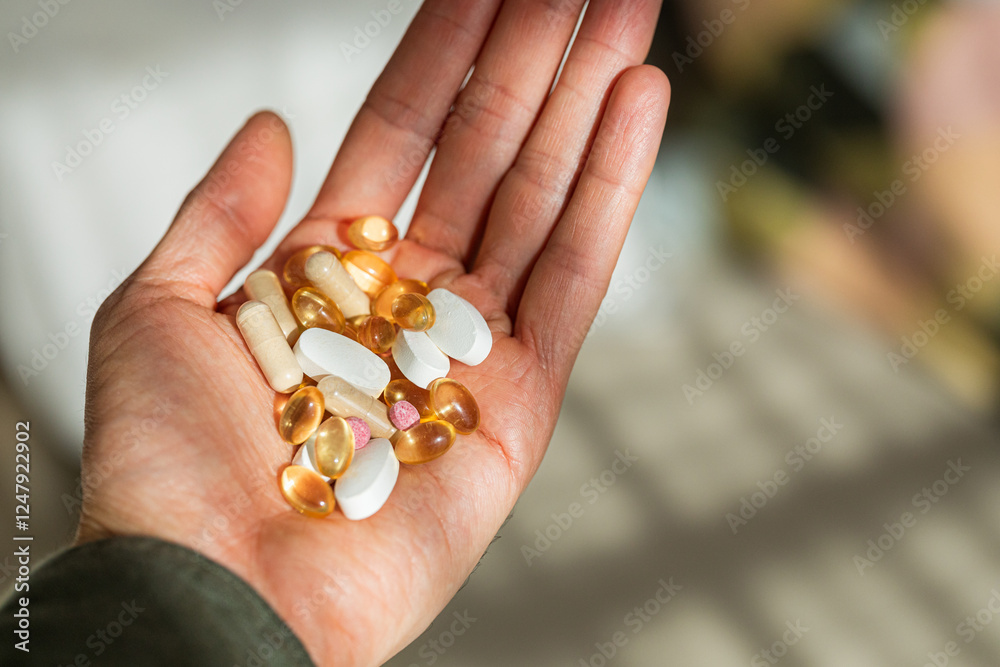 Assorted Vitamins and Pills in Hand Close Up Assorted Vitamins and Pills in Hand Close Up