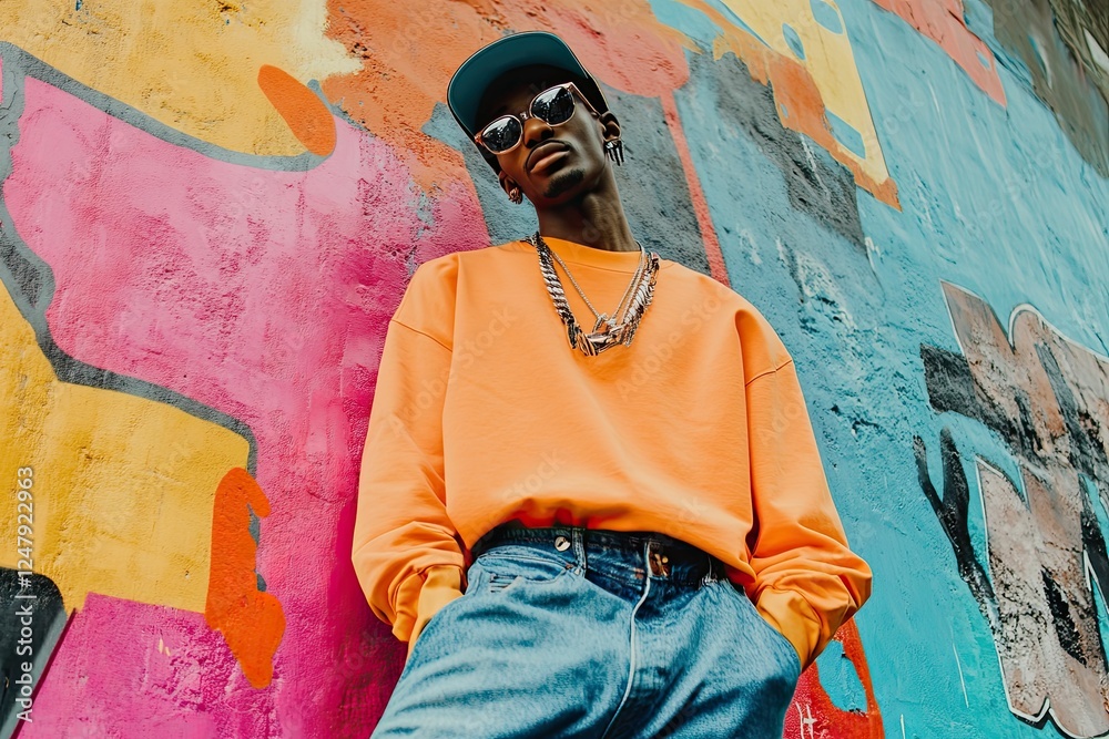 Obraz premium Stylish person, colorful wall, orange sweatshirt, jeans.