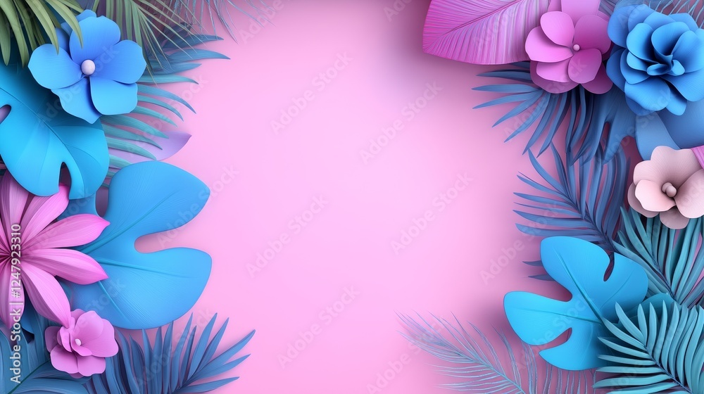 Obraz premium PastelFloralFrameTropicalLeavesPinkBackgroundPaperFlowersSummerVibesWeddingDesignElegantInvitation