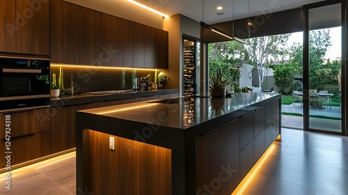 Modern Kitchen Design: Dark Wood Cabinets, Island with LED Lighting, and Outdoor View