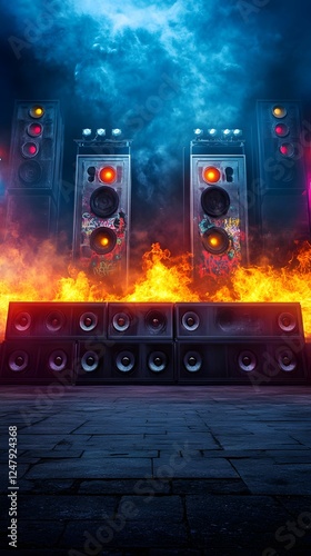 A vibrant scene featuring towering speakers surrounded by flames and dramatic lighting, creating an electrifying atmosphere.