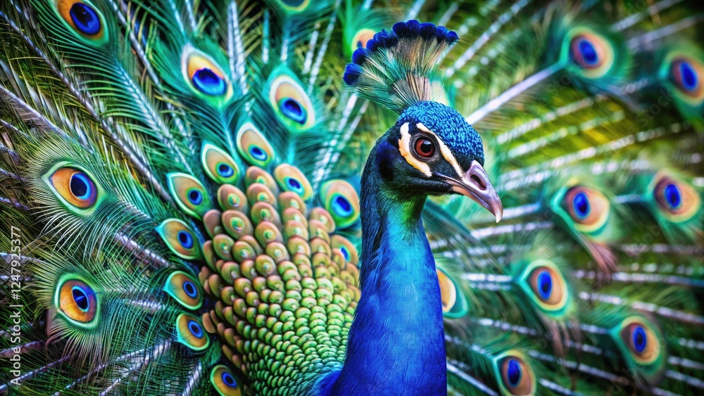 Obraz premium Majestic Peacock Train, Stunning Bird Feathers, Colorful Peacock Display, Indian Peacock, Wildlife Photography, Bird Photo