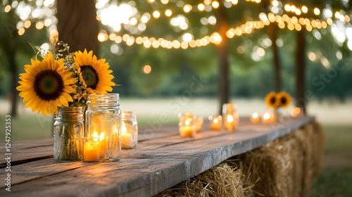 A rustic outdoor table adorned with sunflowers and glowing candles, illuminated by string lights, creating a warm, inviting atmosphere.