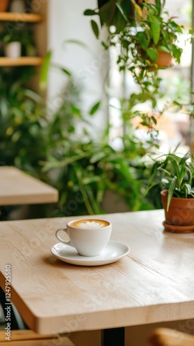Wallpaper Mural Cozy Coffee Setting with Latte Art Surrounded by Indoor Plants in a Bright Café Environment Torontodigital.ca