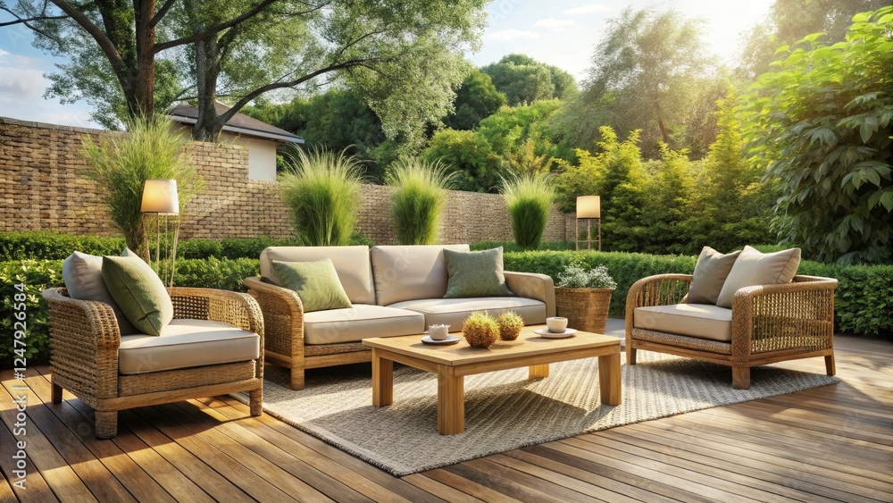 Fototapeta premium Minimalist Outdoor Furniture: Chic Wicker & Wood Garden Set Design