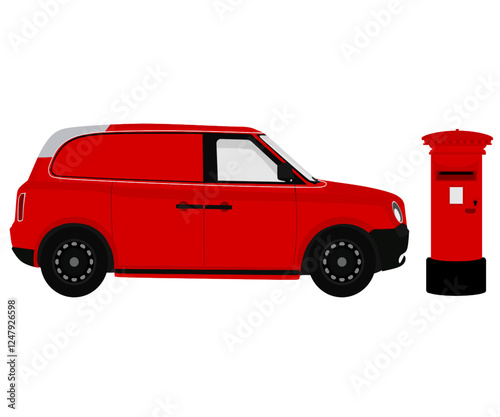 Modern Electric delivery mail van with traditional British red mail box 