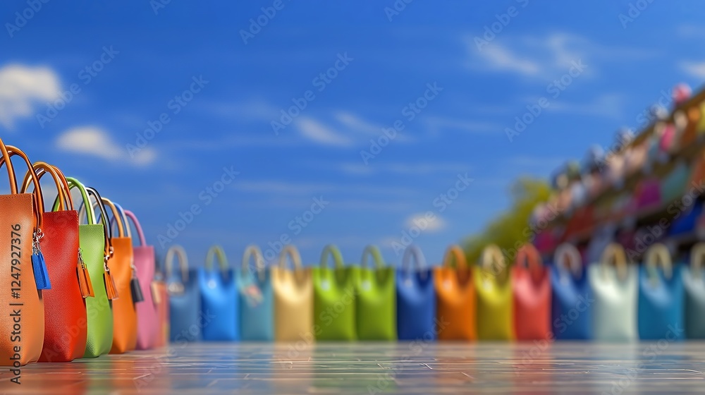 Fototapeta premium Colorful Shopping Bags on Shiny Surface Under Sunny Sky