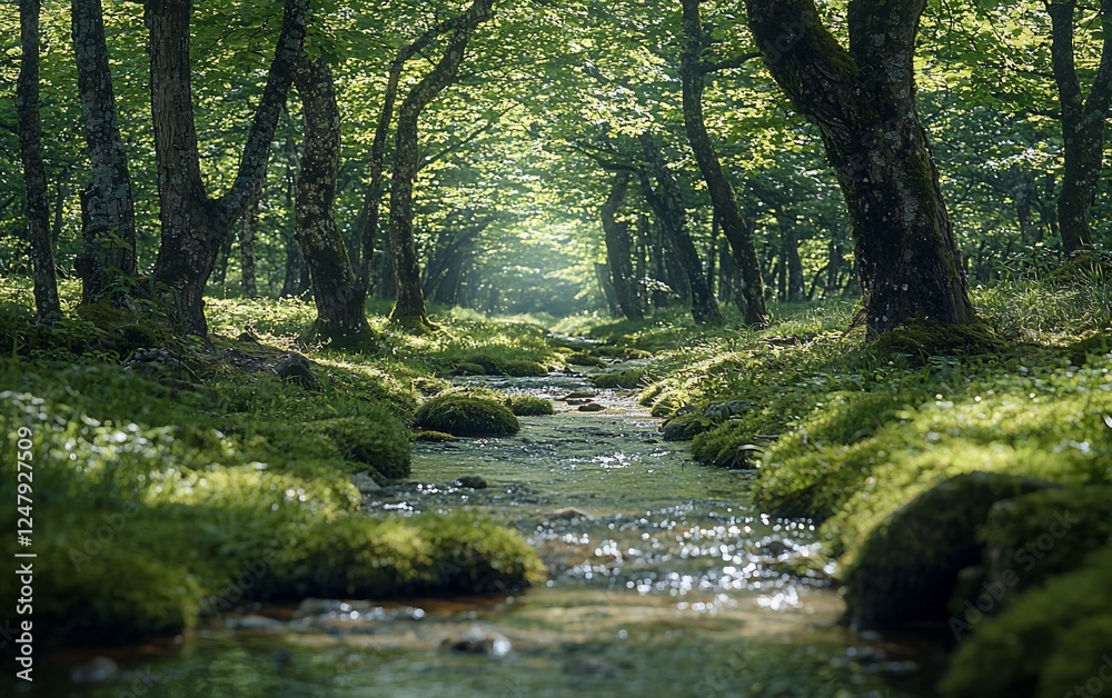 Obraz premium Sunlit stream flows through mossy forest; nature tranquility