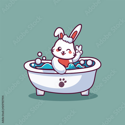 Cute Cartoon Rabbit in Bathtub with Bubbles