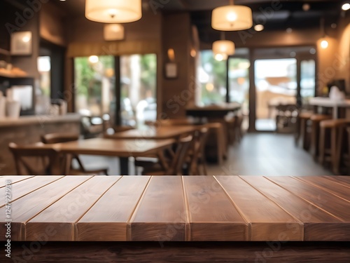 Selected focus empty brown wooden table and coffee shop cafe or restaurant blur background image. for your photomontage or product display