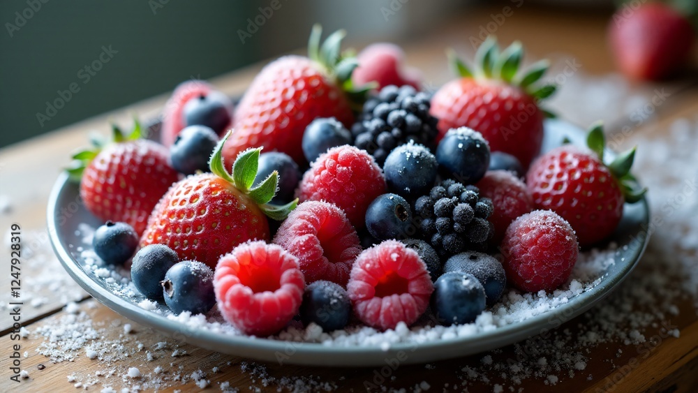 A plate of frozen strawberries, blueberries, raspberries, and blackberries, delicately covered in frost. Ice crystals enhance their texture and vibrant colors.